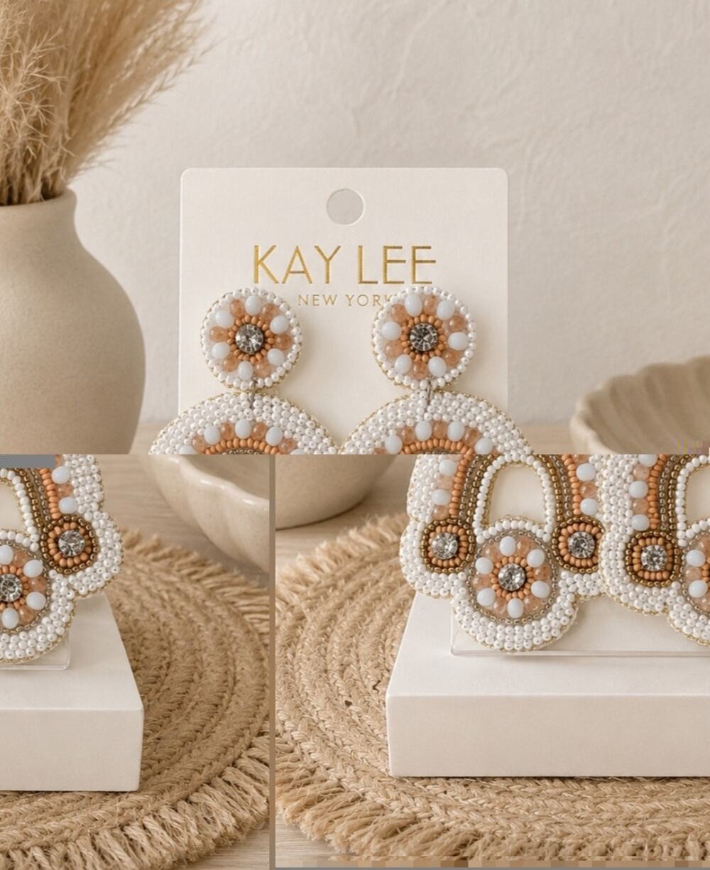 Kay Lee White Tan Beaded Earrings New